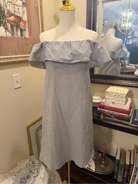 Seersucker Blue and White Summer Off-Shoulder Ruffle Mini Dress